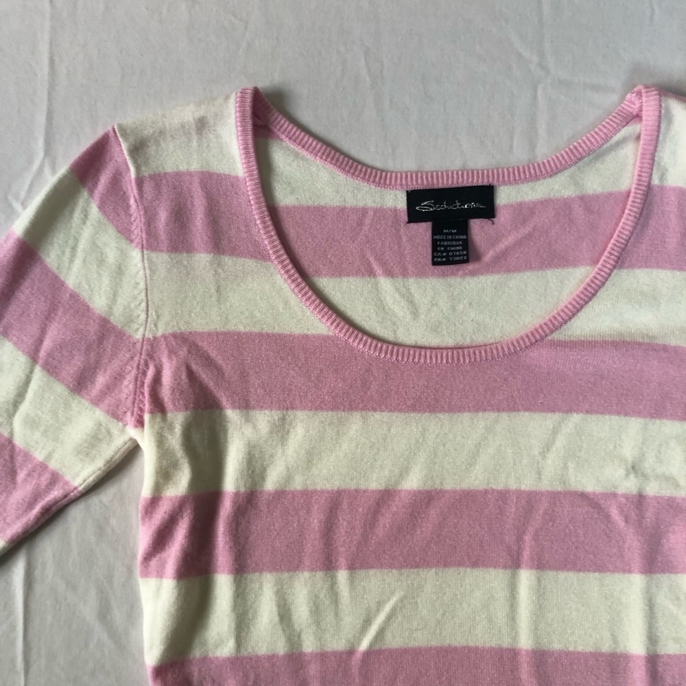Seductions Y2K Pink and White Striped Short Sleeve Sweater/shirt